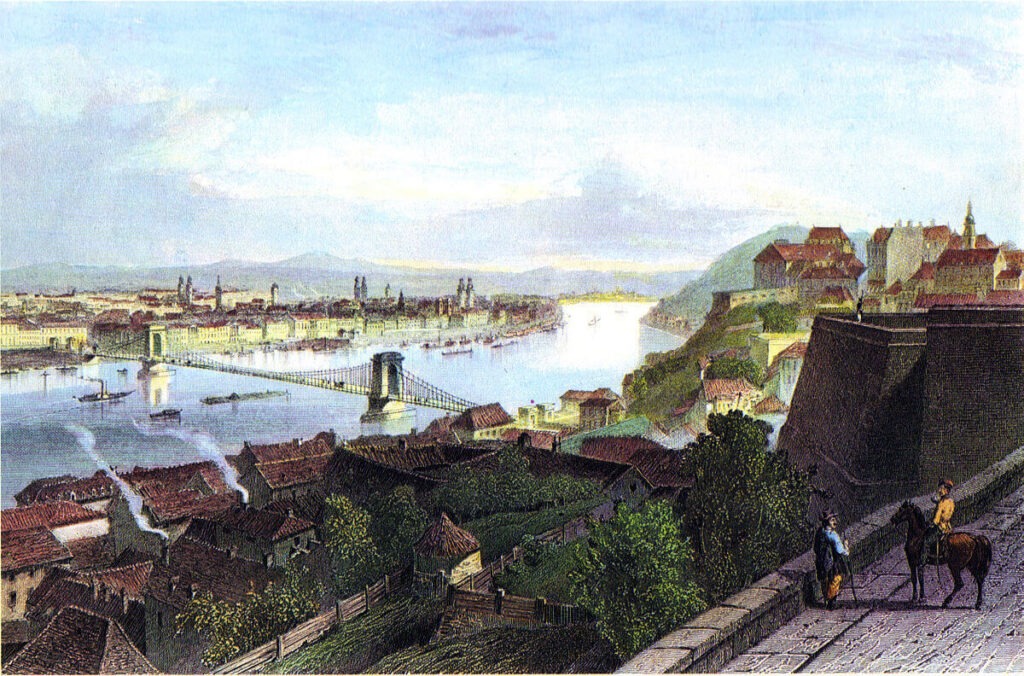 Magyarország első állandó hídja, a Széchenyi lánchíd  1850 körül, Adolphe Rouargue festményén.