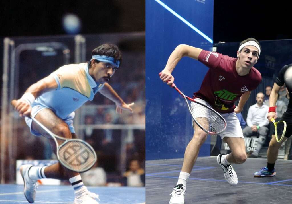 Az ütő változása az évek során (Jahangir Khan, 1986 és Ali Farag, 2018). /Steve Line (squashpics)